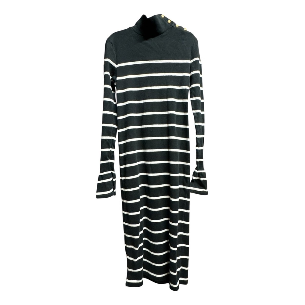Lauren Ralph Lauren Striped Midi Dress Black White Mock Neck Ruffle Cuff Size M‎